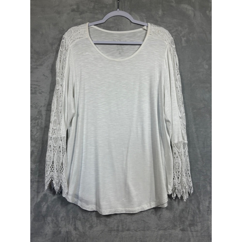 Chicos White Crochet Lace Long Sleeve Slub Knit Scoop Neck Top Size 2 Large